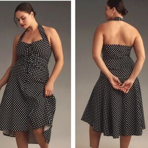Maeve Anthropologie Halter Ruched Midi Black White Polka Dress Women’s Size 22W